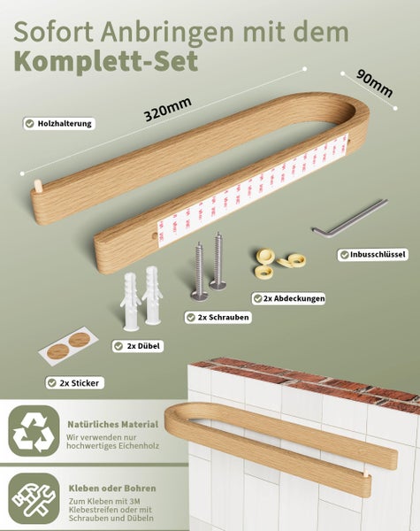 Komplett-Set für Holzhalterung aus Eichenholz, 320 mal 90 Millimeter, zum Kleben oder Bohren inklusive Schrauben, Dübeln und Inbusschlüssel.