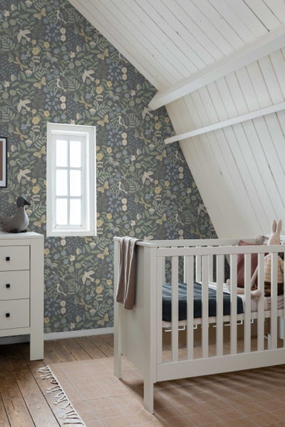 ESTAhome Tapete Blumen und Vögel Blau und Grün - 50 x 900 cm - 131464