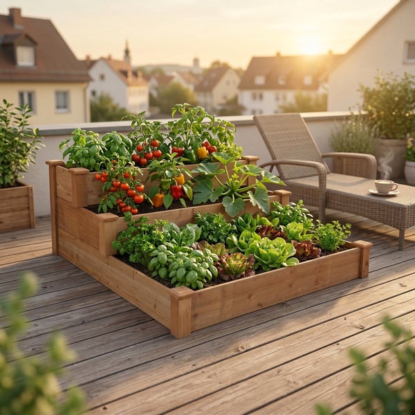 Dreistufiges Hochbeet aus Holz auf einer Dachterrasse, bepflanzt mit Salat, Tomaten und Kräutern.