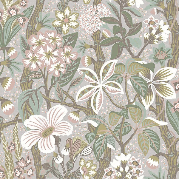 Borastapeter Tapete tropische Blätter und Blüten Grau - 49 cm x 10.05 m - 660819