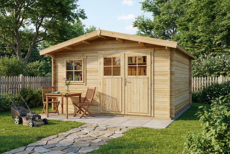 Garten mit Holzgartenhaus, Rasenmäher und Sitzgruppe.