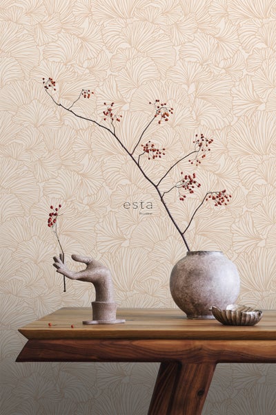 ESTAhome Tapete Ginkgoblätter Sandbeige und Terrakotta - 53 cm x 10.05 m - 139488