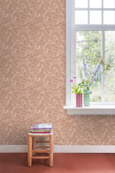 ESTAhome Tapete Blätter und Blumen Terrakottarosa - 50 x 900 cm - 131375