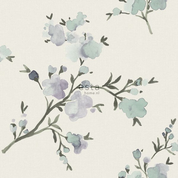 ESTAhome Tapete Kirschblüten Beige und Violett - 53 cm x 10.05 m - 148715