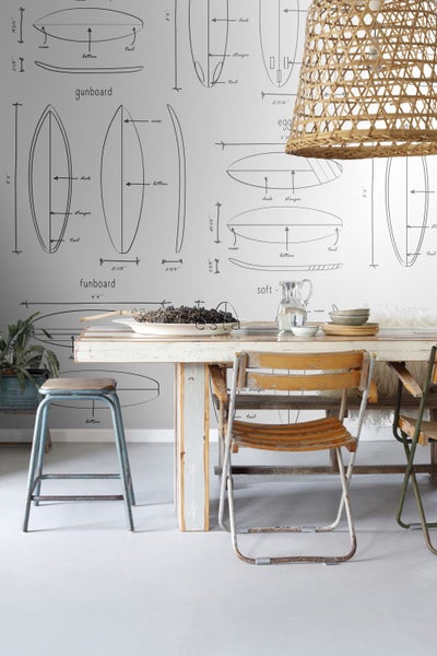 ESTAhome Fototapete technische Zeichnungen von Surfbrettern Schwarz und Weiß - 200 x 279 cm - 158848
