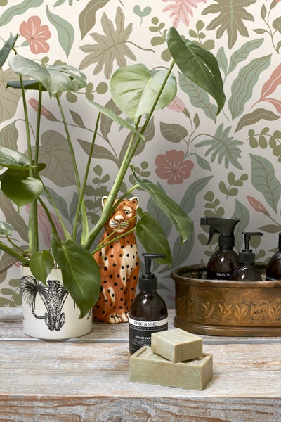 ESTAhome Tapete Blätter und Blumen Graugrün und Rosa - 50 x 900 cm - 131050