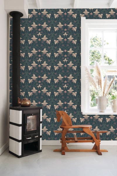 ESTAhome Tapete Blumenmuster im Jugendstil Dunkelblau, Beige und Graugrün - 50 x 900 cm - 139669
