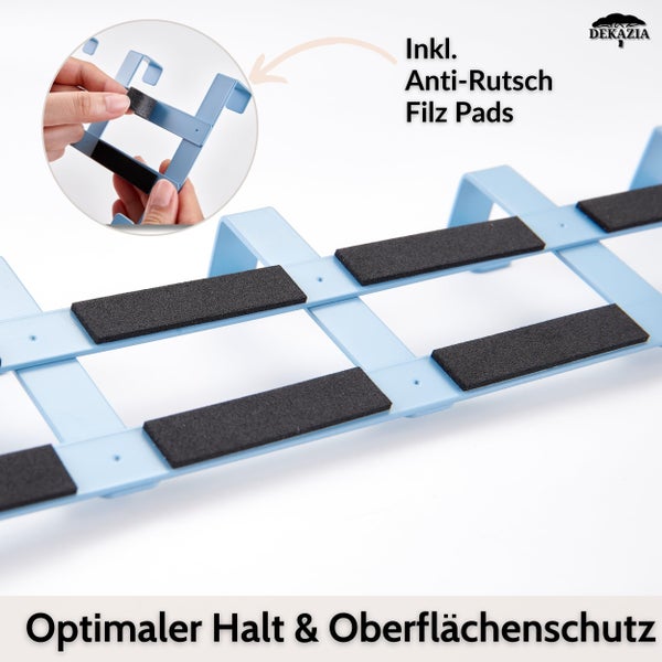 Dekazia Logo. Halterung inklusive selbstklebender Anti-Rutsch-Filzpads für stabilen Halt und Oberflächenschutz.