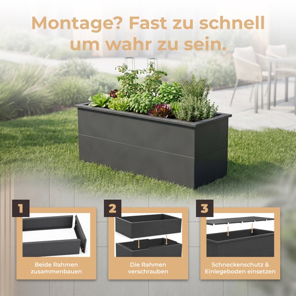 Hochbeet mit Kräutern und Gemüse sowie dreistufiger Montageanleitung zum Zusammenbauen der Rahmen, Verschrauben und Einsetzen des Zubehörs.