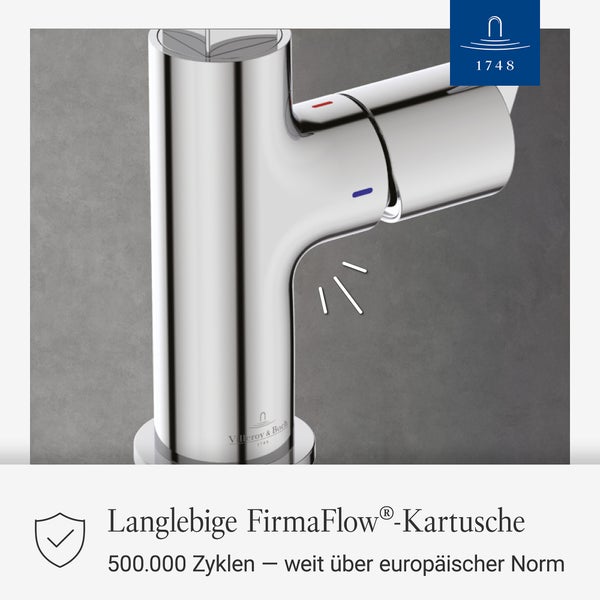 Detailansicht einer verchromten Villeroy und Boch Waschtischarmatur mit langlebiger Kartusche für fünfhunderttausend Zyklen