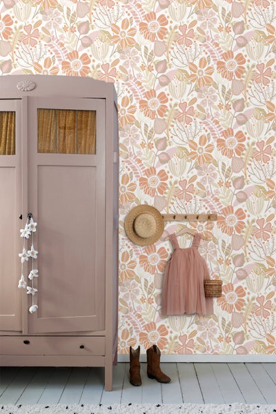 ESTAhome Tapete Blumenmuster Violettrosa, Terrakotta und Beige - 50 x 900 cm - 139674