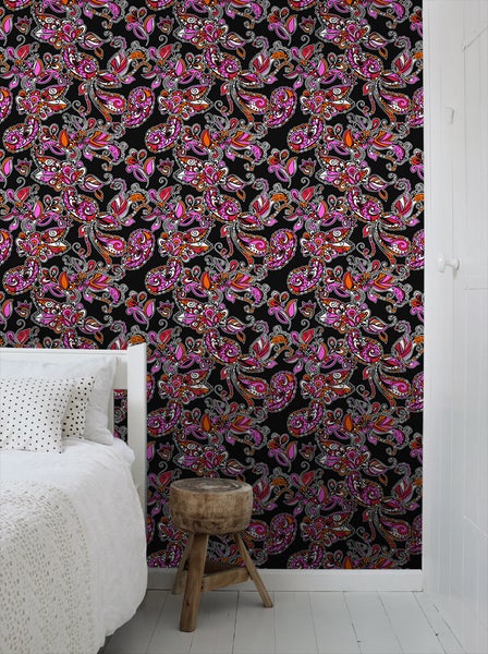 ESTAhome Tapete funky Blumen und Paisleys Schwarz und Rot - 53 cm x 10.05 m - 136842