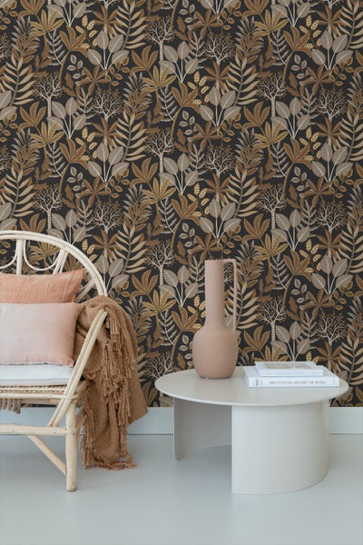 ESTAhome Tapete Blätter Schwarz, Braun und Beige - 50 x 900 cm - 139682