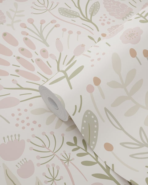 ESTAhome Tapete Blätter und Blumen Weiß und Hellrosa - 50 x 900 cm - 131384