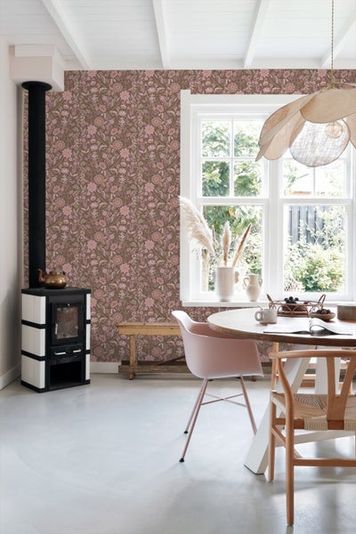 ESTAhome Tapete Blumenmuster mauve-violett und Graugrün - 50 x 900 cm - 131337