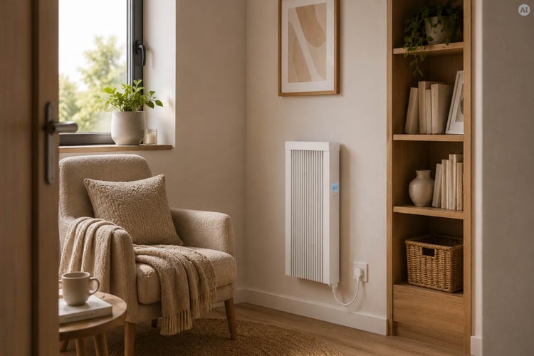 Ein elektrischer Heizkörper im modernen Wohnzimmer neben einem Sessel und einem Holzregal, der ein angenehmes und warmes Raumklima erzeugt.