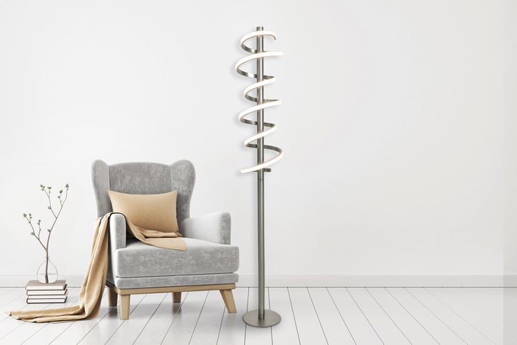 LED-Stehleuchte BELLEZA, moderne Stehlampe aus Metall und Kunststoff in Nickel matt und Weiß, mit fest verbauten LEDs, 140 hoch, Beleuchtung für Wohnzimmer, Esszimmer, Schlafzimmer oder Büro.