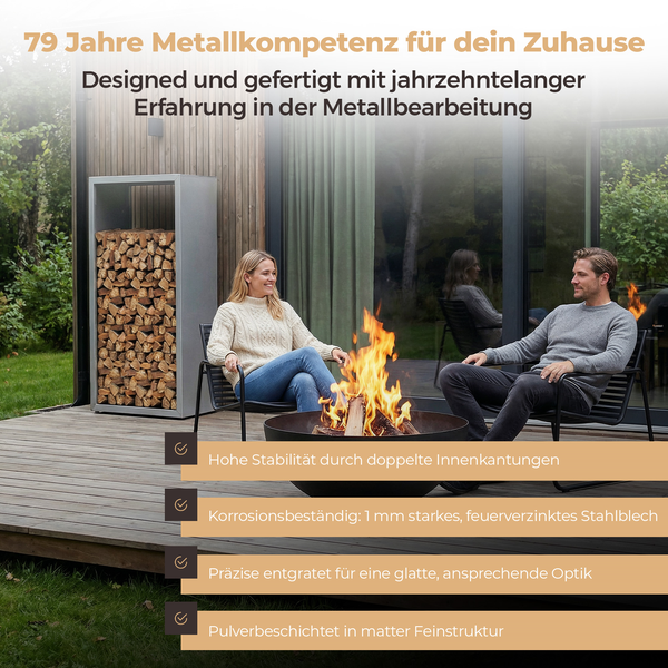 Organisierte Szene auf einer Holzterrasse mit Feuerschale, Metallregal für Brennholz und zwei Personen. Text über Kompetenz in der Metallverarbeitung.