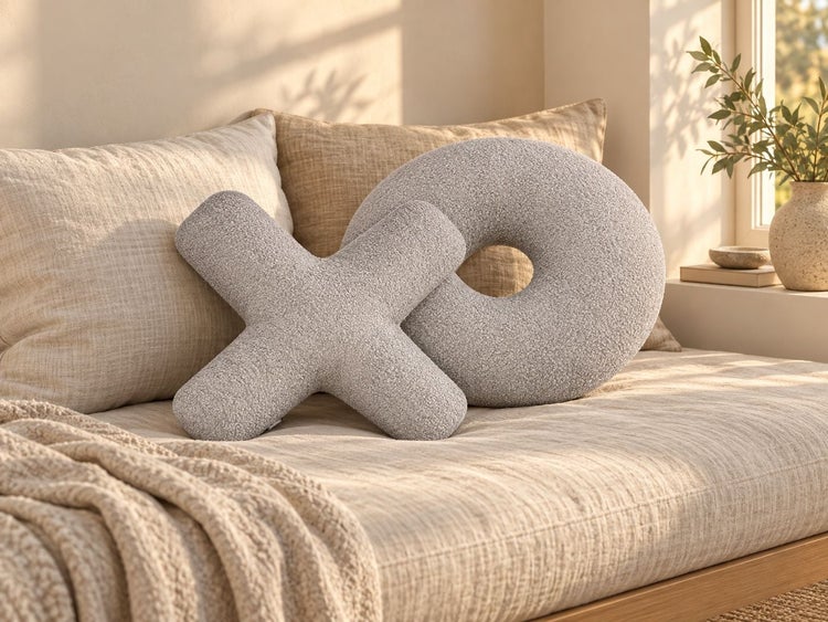 Dekorative Kissen in Form eines Kreuzes und eines Rings aus strukturiertem Stoff auf einem Sofa in einem hellen Wohnraum.