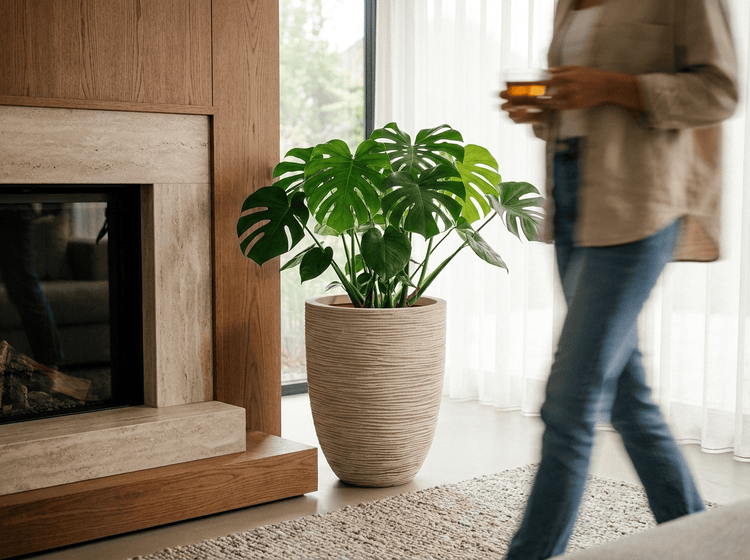 Eine Monstera Pflanze in einem runden Pflanzkübel mit strukturierter Oberfläche neben einem modernen Kamin in einem hellen Wohnraum.