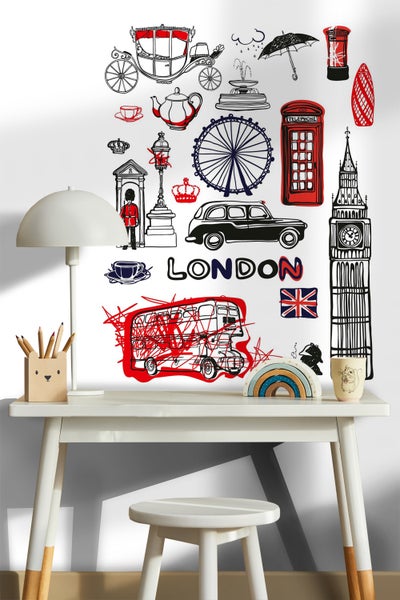 Dekoratives Wandtattoo mit London Motiven auf weißer Wand