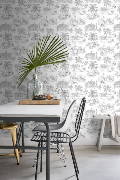 Esstisch mit Dschungeltapete mit Elefanten, Zebras und Palmen