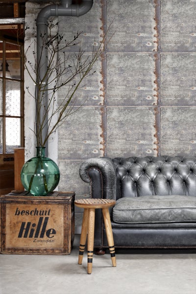 ESTAhome Tapete Metallplatten Hellgrau und Rostbraun - 53 cm x 10.05 m - 138218