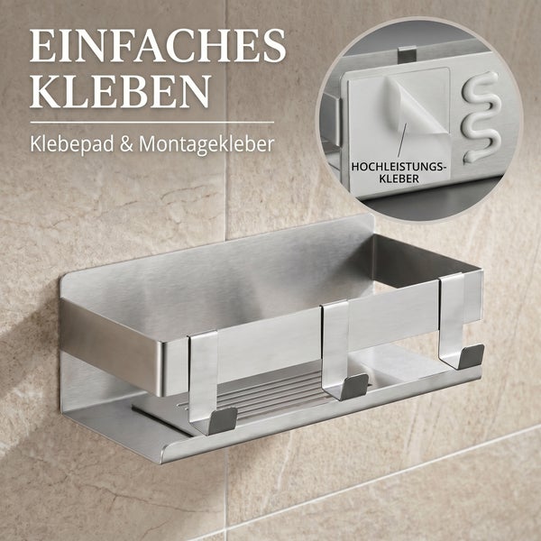 Duschablage aus Edelstahl mit Haken, einfache Montage durch Klebepad und Hochleistungskleber.