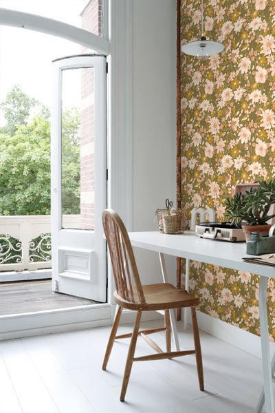 ESTAhome Tapete Blumen Olivgrün, Hellrosa und Senfgelb - 50 x 900 cm - 130927