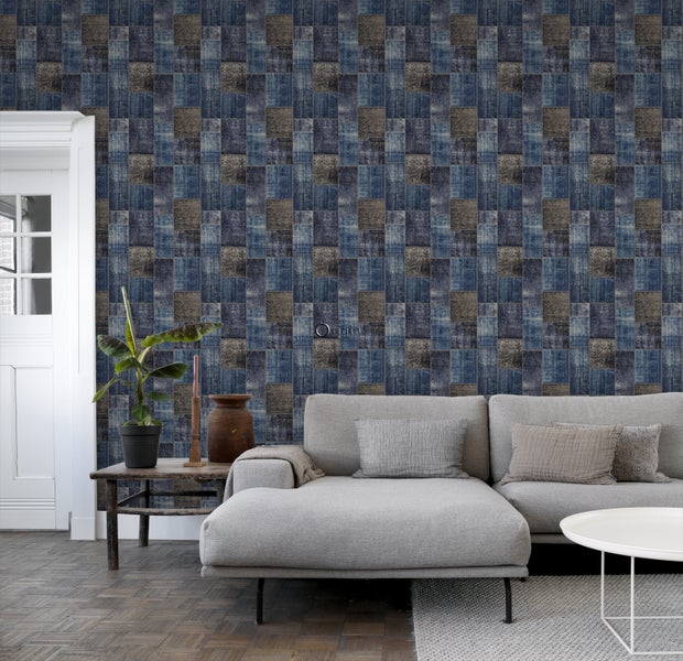 Origin Wallcoverings Tapete Kelim-Patchwork Taupe und Blau - 53 cm x 10,05 m - 347466