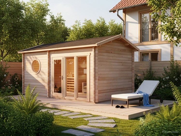 Gartenhaus aus Holz mit Sauna und Glasfront auf einer Holzterrasse im Garten, ergänzt durch eine Sonnenliege und einen Steinweg.