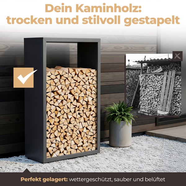 Modernes Kaminholzregal aus Metall in Anthrazit, ordentlich befüllt mit Brennholz im Außenbereich neben einer Pflanze.