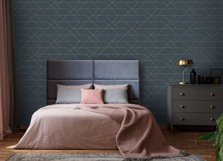 ESTAhome Tapete grafische Linien Dunkelblau und Gold - 53 cm x 10.05 m - 139213