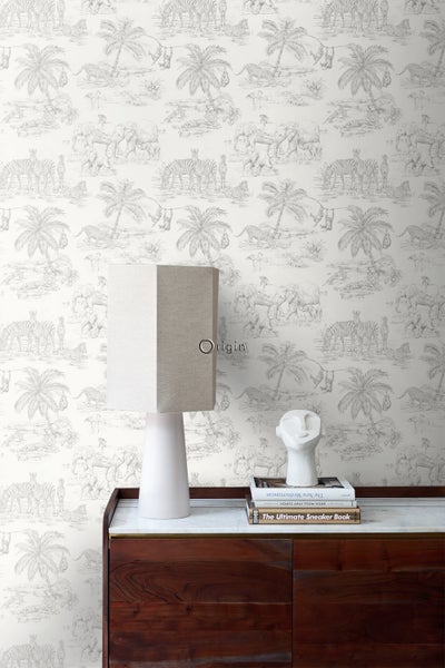 Origin Wallcoverings Tapete Dschungeltiere Weiß und Silbergrau - 0,53 x 10,05 m - 347692