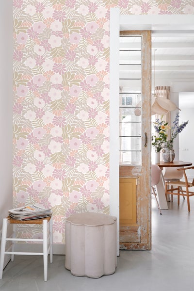 ESTAhome Tapete Blumen im Matisse-Stil Helllila, Grün und Orange - 50 x 900 cm - 131002
