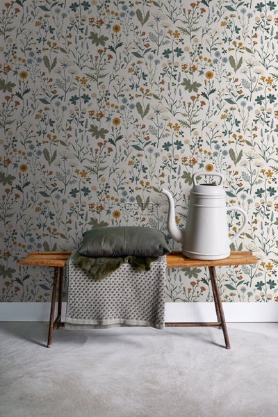 ESTAhome Tapete Feldblumen Ockergelb, Graugrün und Vintage Blau - 53 cm x 10.05 m - 139391