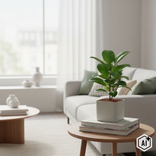 Helles, modernes Wohnzimmer mit einer Grünpflanze im weißen Topf auf einem Holztisch und einem hellen Sofa mit Kissen im Hintergrund.