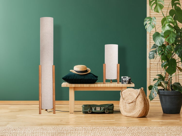 Raumansicht mit Stehlampe, Tischleuchte, Bank, Kissen, Hut, Kamera, Tasche, Koffer und Zimmerpflanze.