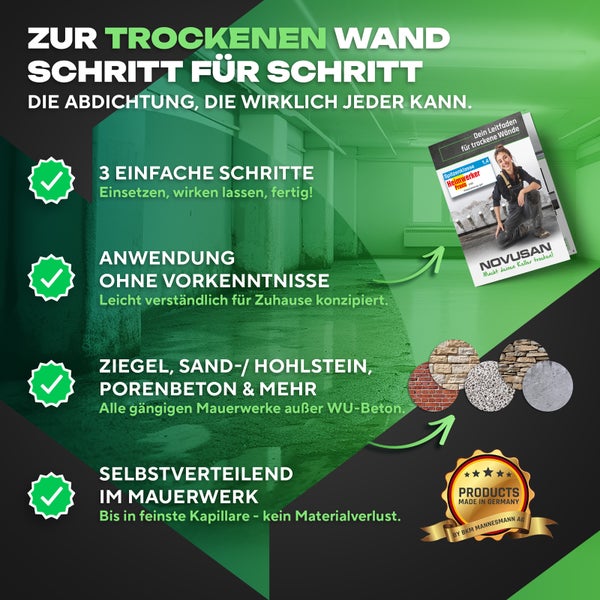 Infografik zur Novusan Mauertrockenlegung mit Informationen zur Anwendung in drei Schritten, Eignung für Mauerwerk und Qualitätssiegel Made in Germany.