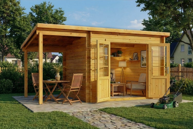Gartenhaus aus Holz mit integriertem Schleppdach inklusive Terrassenmöbeln, auf einer gepflasterten Fläche in einem gepflegten Garten platziert.