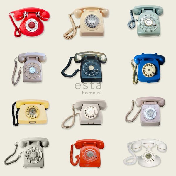 ESTAhome XXL-Vliestapete Retro-Telefone Beige, Grau, Rot und Blau - 50 x 900 cm - 158503