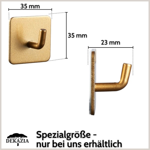 Selbstklebender Wandhaken in Gold-Optik. Maße der Grundplatte 35 Millimeter mal 35 Millimeter. Tiefe 23 Millimeter. Dekazia Logo.