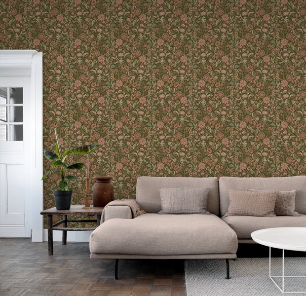 ESTAhome Tapete Blumenmuster Dunkelgrün und Terrakottabraun - 50 x 900 cm - 131334