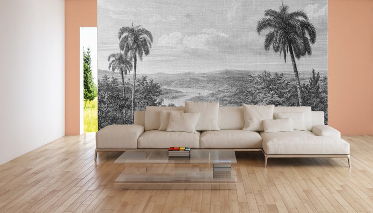 Helles Wohnzimmer mit Schwarz-Weiß-Fototapete einer Landschaft mit Palmen, beigem Sofa und Glas-Couchtisch auf hellem Holzfußboden.