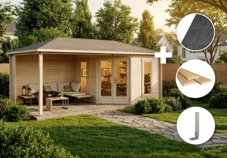 Holzgartenhaus mit Überdachung und Terrasse sowie Details zu Dachschindeln, Bodendielen und Metallwinkeln für den Aufbau im Garten.