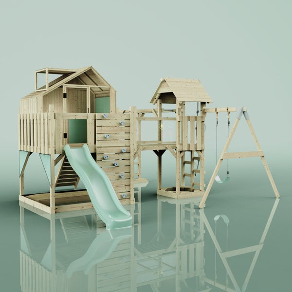 Spielplatz mit Rutsche, Schaukel und Kletterwand aus Holz