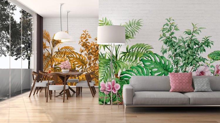 Fototapete mit tropischem Blattmuster aus Monstera und Farnen in einem modern eingerichteten Wohn- und Esszimmer.