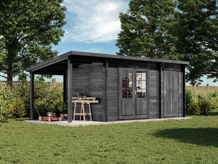 Alpholz Pultdach Gartenhaus Maria mit Anbau & Schleppdach Gartenhaus aus Holz in Grau, Holzhaus inklusive Schleppdach, Blockbohlenhaus, 40 mm Wandstärke