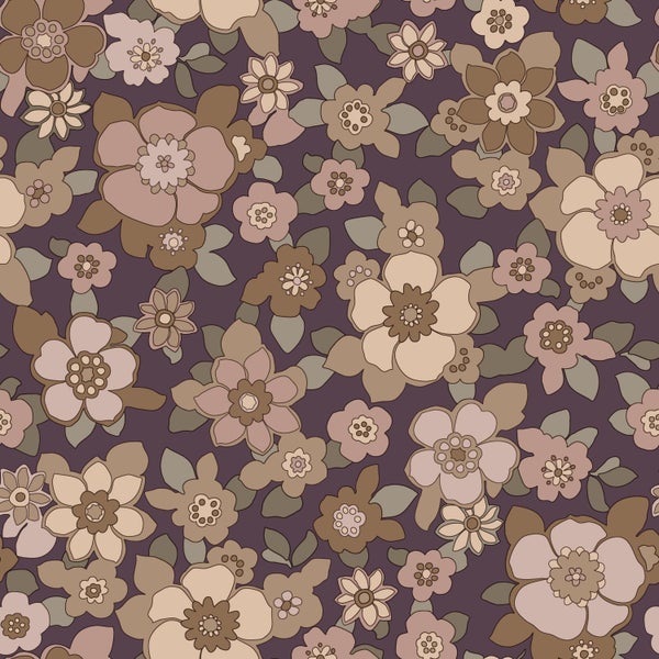 ESTAhome Tapete Retro Blumen Dunkelviolett und Beige - 50 x 900 cm - 131529