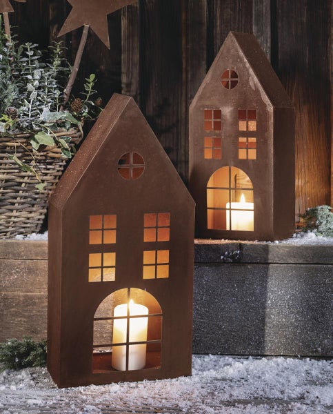 Dekoleidenschaft 2x Windlicht Haus aus Metall mit Echt Rost Finish, Kerzenhalter 45 + 55 cm hoch, Dekohaus, Weihnachtsdeko, Gartendeko für Draußen